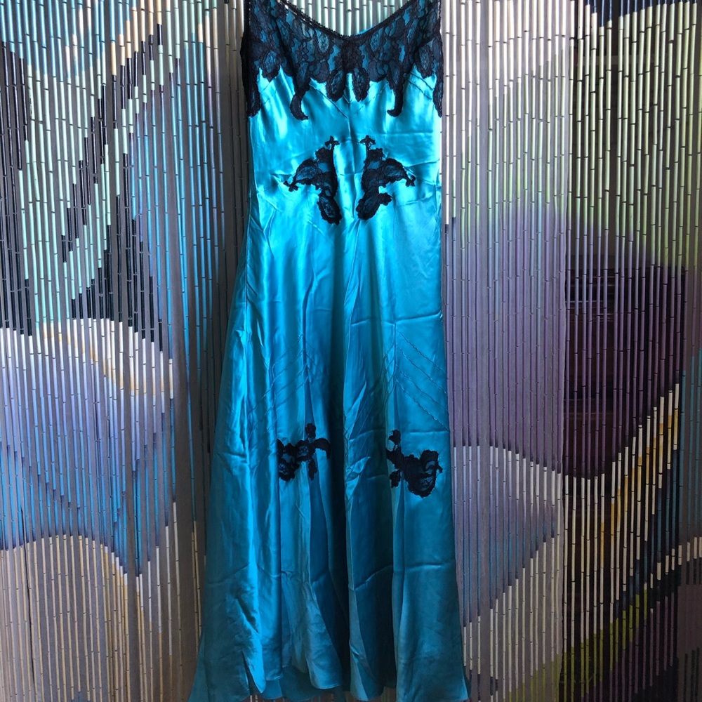 Betsey Johnson silk slip dress with black lace